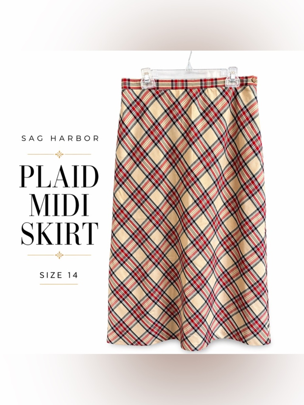 Vintage Sag Harbor Cream Plaid Midi Skirt Red and Black Tartan Academia Coppy Co